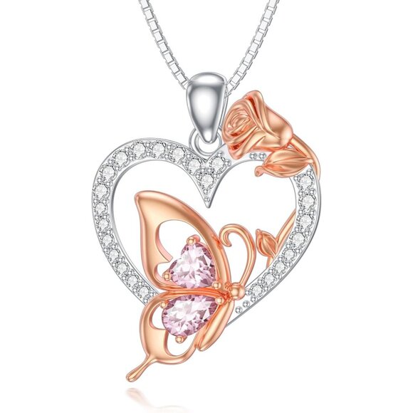 Elegant Butterfly Heart Pendant Necklace for Women with Birthstone and Crystals